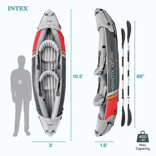Intex Dakota K2 2 Person Inflatable Vinyl Kayak and Accessory Kit with 86 Inch Oars, Air Pump, and Carry Bag for Lakes and Rivers, Gray and Red image {4}