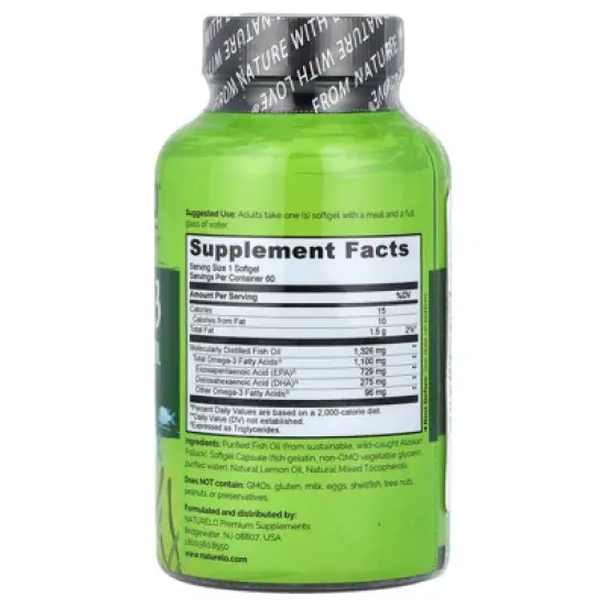 NATURELO Omega-3 Triglyceride Fish Oil, 1,100 mg, 60 Softgels image {1}