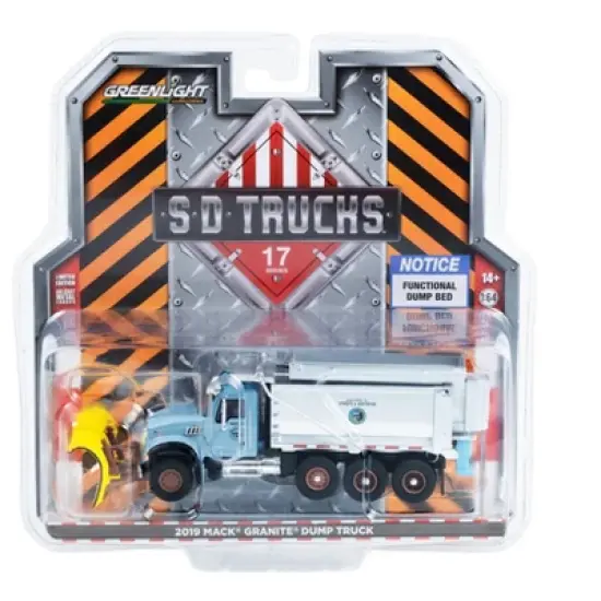 2019 Mack Granite Dump Truck w/Snow Plow and Salt Spreader Light Blue 1/64 Diecast Model Car by Greenlight image {2}