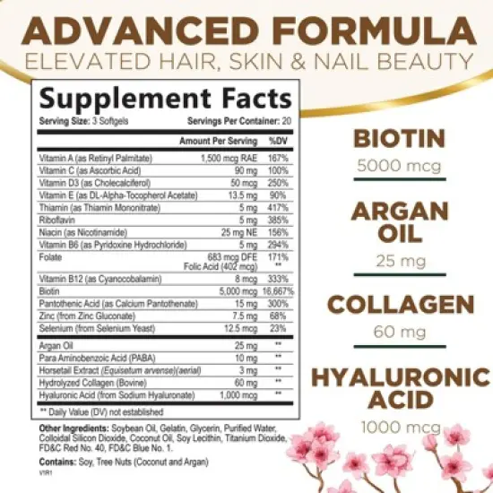 Hair Vitamins Women 5000mcg - Biotin, Collagen & PABA, Womens Hair Growth, Skin, Nails & Keratin Support - 60 Softgels By Nature's Nutrition image {1}