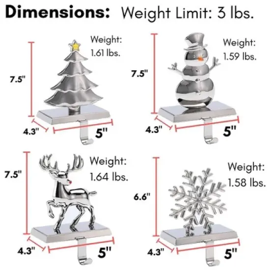 BIRDROCK HOME Christmas Stocking Holders for Mantel Set of 4 - Reindeer, Snowman, Snowflake, Tree image {2}