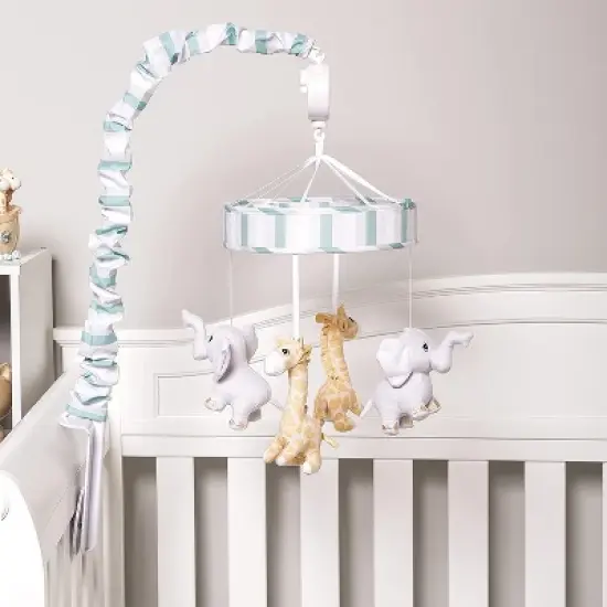 Everyday Kids Precious Moments Noah&rsquo;s Ark Crib Mobile &ndash; Elephant & Giraffe, Teal/Gray, Lullaby Music, Safari Nursery D&eacute;cor for Boys image {3}