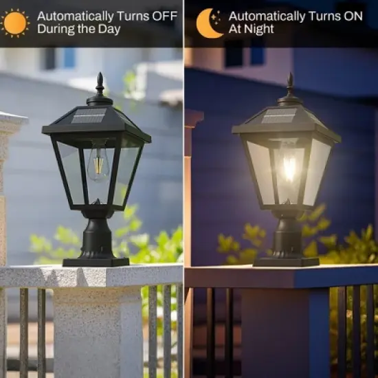 22 in. Black Outdoor Clear Glass Solar Post Light with Pier Mount Base image {2}