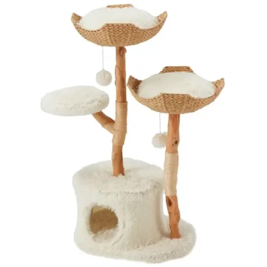 EROMMY Natural Wood Cat Tower, Cute Cat Tree for Indoor Cats, White image {4}