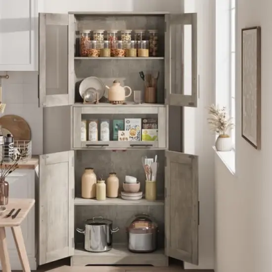 Pantry Cabinet, Tall Bathroom Storage Cabinet with Glass Doors and Adjustable Shelf, Freestanding Cupboard Tall Linen Cabinets image {1}