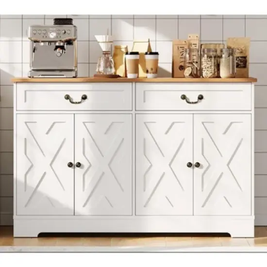 57" White Modern Farmhouse Sideboard Buffet - 2 Drawers & Adjustable Shelves, Large Kitchen Storage, Dining Room Coffee Bar Organizer image {1}