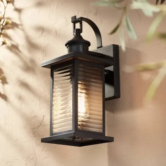 John Timberland Cameron Mission Outdoor Wall Light Fixture Textured Black Motion Sensor Dusk to Dawn 13 3/4" Clear Stripped Glass for Post Exterior image {1}