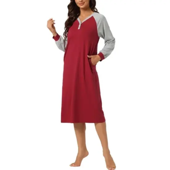 cheibear Women's Sleepshirt Pajama Dress Long Sleeves with Pockets Henley Lounge Nightgown image {8}