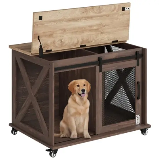 ODK 37" Dog Crate, Farmhouse Dog Crate Furniture with Sliding Barn Door, Flip Top Wooden Dog Kennel End Table, Indoor Dog Cage House for Medium Dogs image {7}