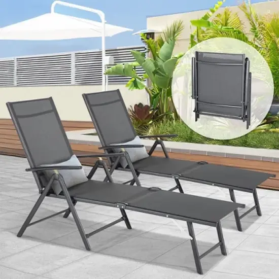 Jomeed Chaise Outdoor Reclining Adjustable Folding Lightweight Beach Patio Lounge Chair with 7 Back Reclining and 2 Leg Positions, Gray image {5}