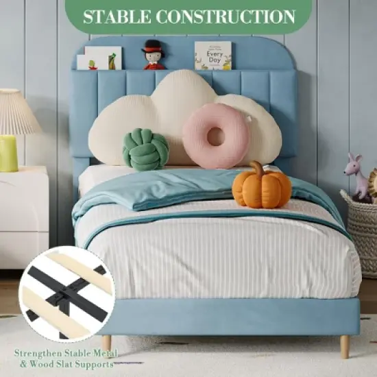 Twin Bed Frame with Bookcase Headboard, Velvet Upholstered Platform - Wooden Slat Support, Noise-Free, No Box Spring Needed, Easy Assembly image {3}