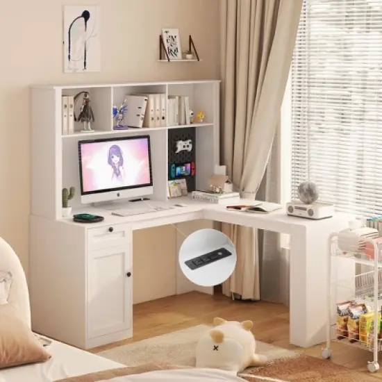 NicBex L Shaped Desk with Outlet,Computer Desk with Drawers,Bookshelf,Home Office Desks with Storage,Corner Gaming Computer Desk image {7}
