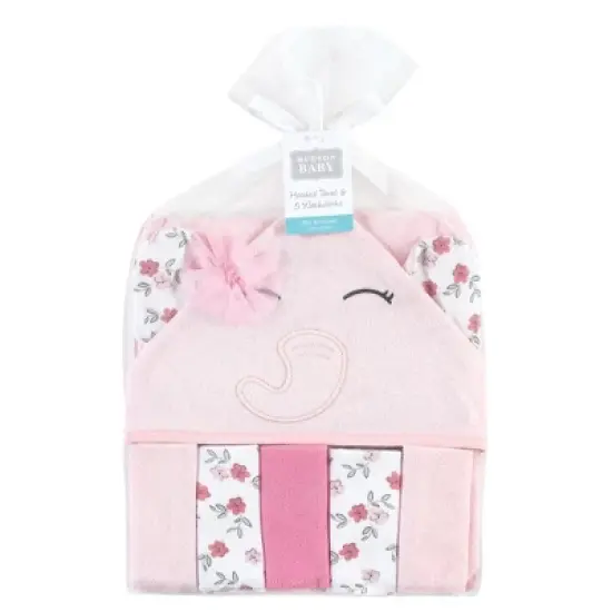 Hudson Baby Infant Girl Hooded Towel and Five Washcloths, Floral Pretty Elephant, One Size image {1}
