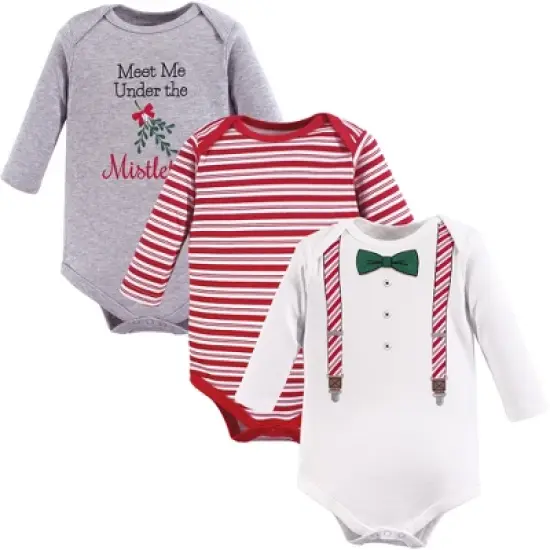Little Treasure Baby Girl Cotton Long-Sleeve Bodysuits 3pk, Christmas Suspenders image {1}