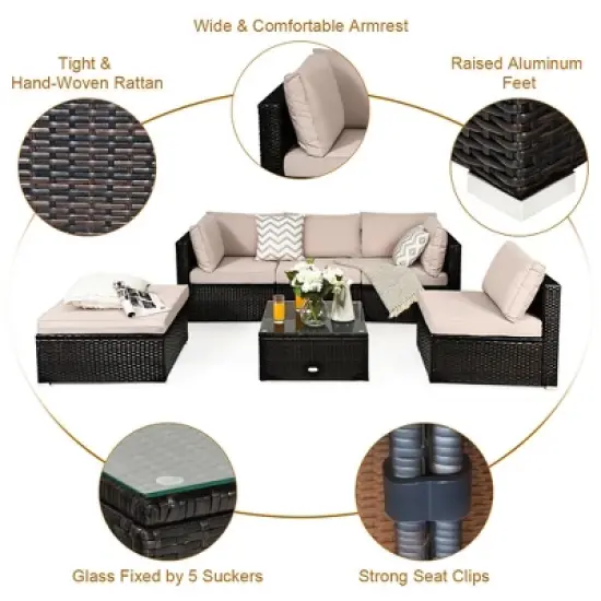 Costway 6PCS Outdoor Rattan Furniture Set Patio Seating Set Cushioned Ottoman image {6}