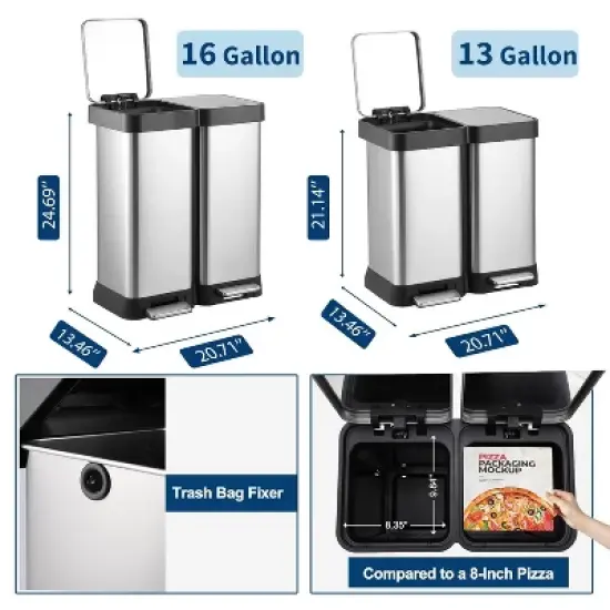Acekool 60L Dual Compartment Trash & Recycling Bin, Soft-Close Lid, Stainless Steel Step Pedal Garbage Can, Space Saving for Kitchen & Office image {4}