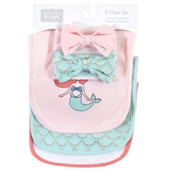 Hudson Baby Infant Girl Cotton Bib and Headband or Caps Set, Coral Mint Mermaid, One Size image {1}