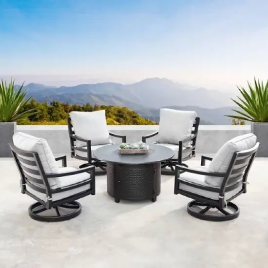 5pc Outdoor Fire Table Set with Hammered 44" Round Fire Table, 4 Deep Seating Swivel Rocking Chairs & Table Fabric Covers - Oakland Living image {1}