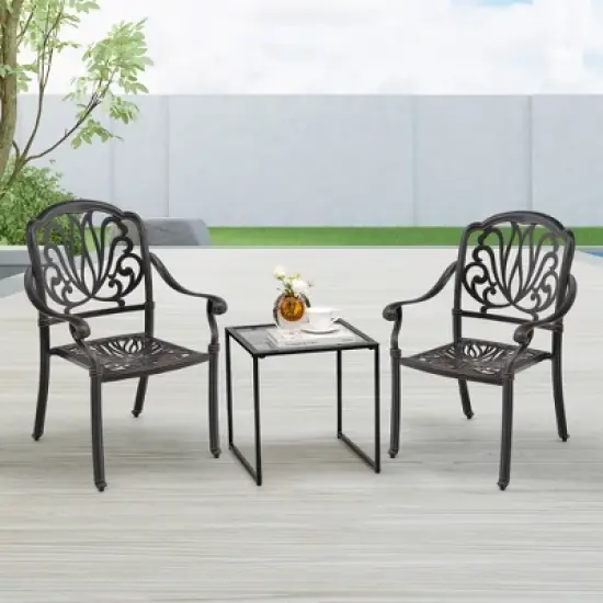 Tangkula 2 Pieces Cast Aluminum Chairs Set of 2 Stackable Patio Dining Chairs w/ Armrests image {2}