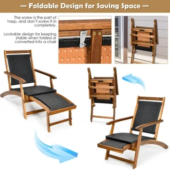 Costway  Patio Folding Rattan Lounge Chair Wooden Frame W/ Retractable Footrest image {4}