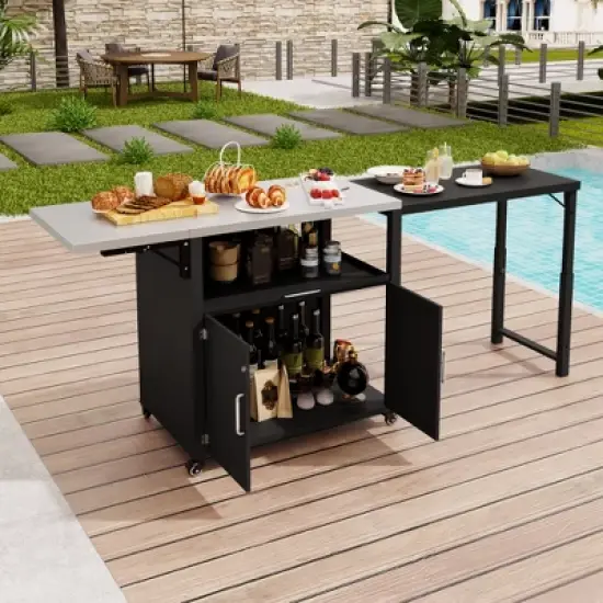 Patio Storage Cabinet, Outdoor Steel Kitchen Islands Serving Carts with Folding & Expandable Work Surfaces, Lockable Wheels, Matte Black -ModernLuxe image {14}