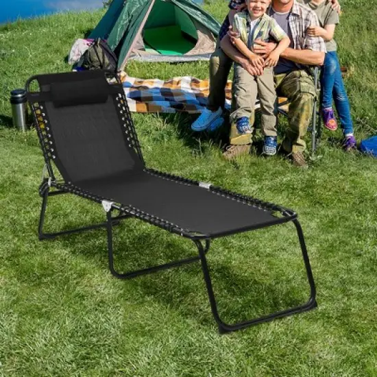 Costway Folding Beach Lounge Chair Heightening Design Patio Lounger w/ Pillow Black\Grey image {4}
