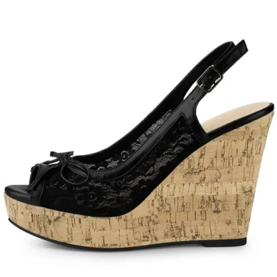 Allegra K Women's Wood Platform Heels Bow Lace Wedge Sandals image {6}