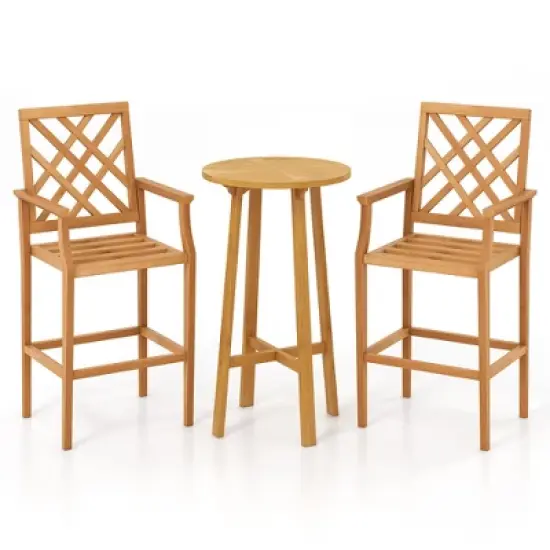Tangkula 3 PCS Patio Bar Set Round Cocktail Table w/ 2 Stools w/ Backrest Armrests image {9}