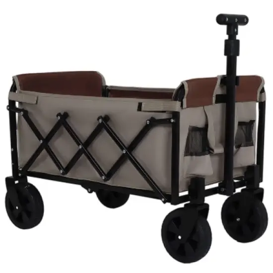 ORRD All-in-1 Folding Camping Wagon with Bench Seat, Storage & Dog Tether, Beige/Brown image {1}