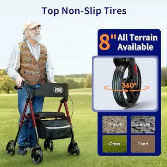 Walkers for Seniors,Foldable Walker with Seat,Aluminum Supports 330lb,8" Wheels-Blue image {4}