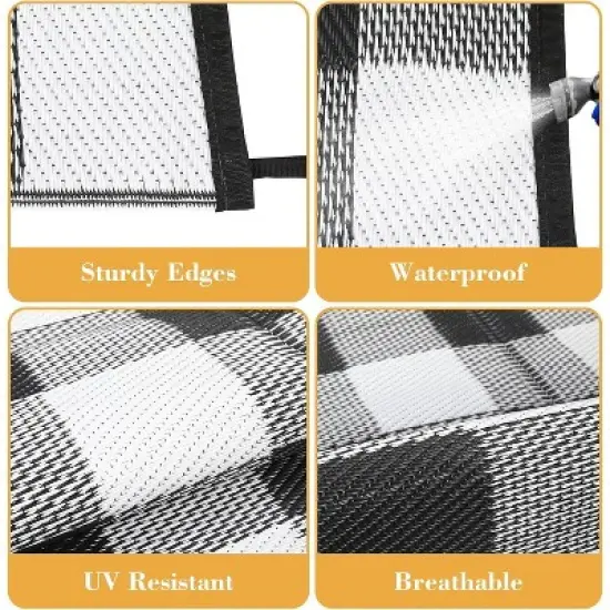 Waterproof Outdoor Rug Uv Resistant Plastic Straw Rug Modern Checkerboard Reversible Plaid Camping Carpet Picnic Mat for Beach, Backyard image {7}