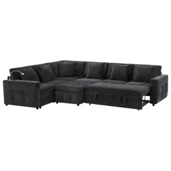 Whisen Chenille Sectional Pull-Out Sofa Bed with Flip-Up Table, Adjustable Reading Lamp, Charging Ports, Movable Storage Ottoman image {8}
