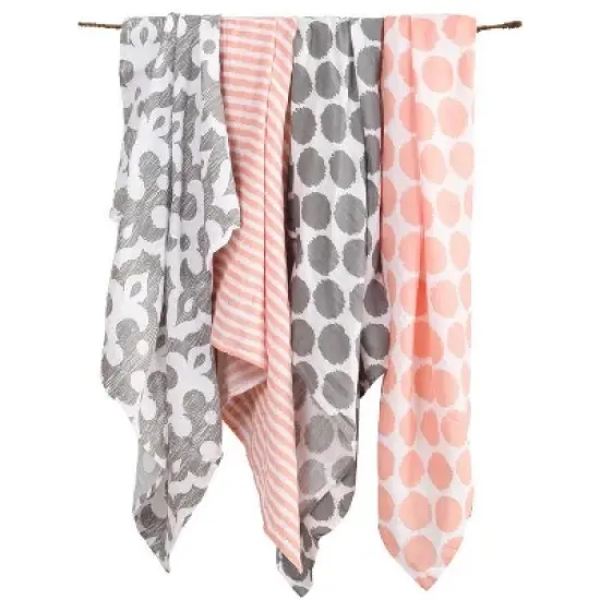 Bacati - Ikat Coral/Gray Dots/Stripes Swaddling Muslin Blankets set of 4 image {3}