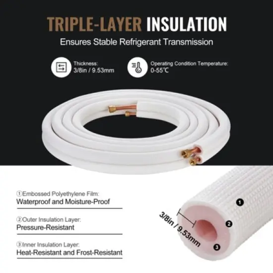 VEVOR 25FT Mini Split Line Set, 3/8" & 5/8" O.D Copper Pipes Tubing and Triple-Layer Insulation, for Mini Split Air Conditioning Refrigerant, White image {5}