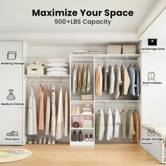 SEVOBAL Freestanding Coat Racks 5 Shelves and 4 Rods Heavy-Duty Wood Closet Organizer System， Adjustable Storage for Using, White, 15.8"*96.1"*75" image {2}