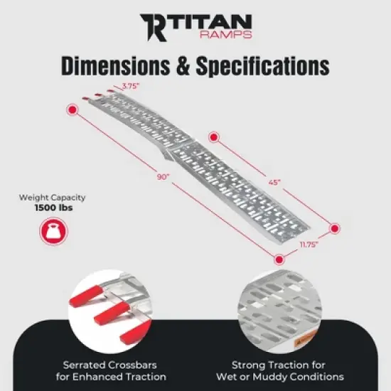 Titan Ramps 2 Pack 7.5 Foot Folding ATV Loading Ramps, Arched Aluminum Design, Portable and Heavy Duty with 1,500 Pound Weight Capacity, Silver image {2}
