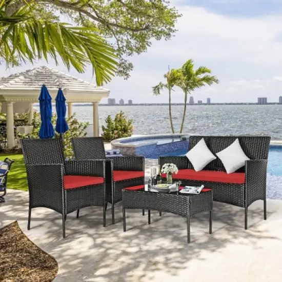 Costway 4PCS Patio Rattan Furniture Set Cushioned Sofa Coffee Table Backyard Turquoise\Red image {2}