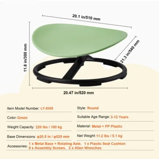 VEVOR Kids Swivel Chair, 220 LBS Capacity, Sensory Spinning Chair, Autistic Kids Sensory Toy Chair with Non-Slip Metal Base,  Green image {7}