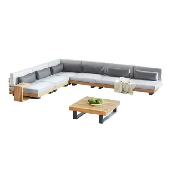 Decksplore 8PCS L-Shaped Sofa with Dining Table, Outdoor Teak Wood Sofa image {8}
