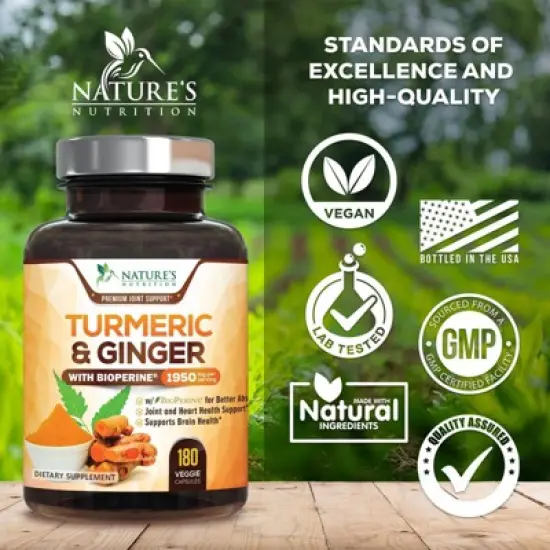 Turmeric Curcumin Supplement 1950mg Organic Turmeric with Ginger, 95% Curcuminoids, BioPerine Black Pepper, 180 Capsules By Nature's Nutrition image {3}