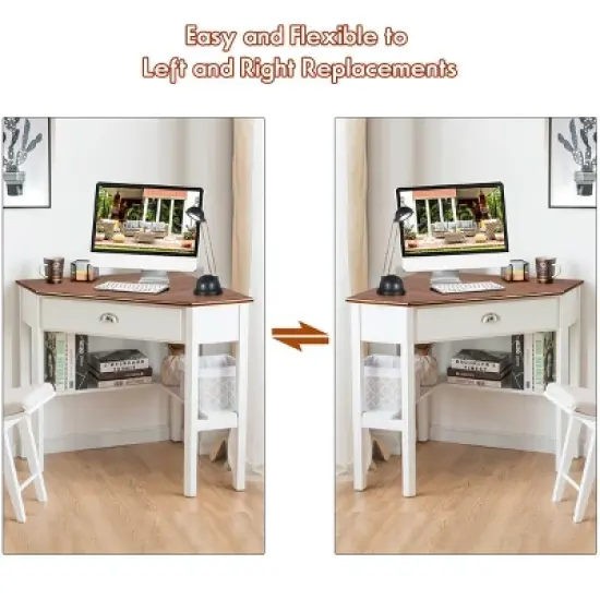 Costway Triangle Computer Desk Corner Office Desk Laptop Table w/ Drawer Shelves Rustic Natural &White image {4}