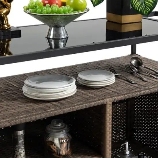 MOEPISY Outdoor Wicker Serving Carts, Patio Serving Cart with Wheels, Rolling Rattan Beverage Bar Counter Table image {6}