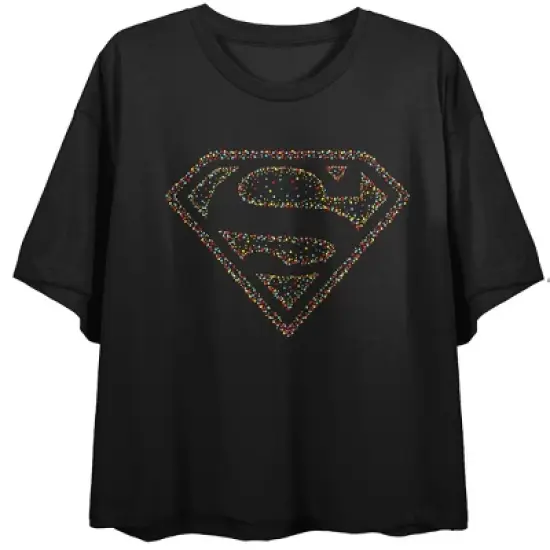 Superman Shield Dotted Colors Crew Neck Short Sleeve Women's Black Crop T-shirt image {4}