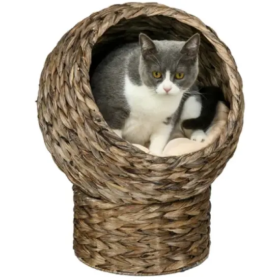 PawHut 20" Handwoven Elevated Cat Bed with Soft Cushion Cat Egg Chair Shape, Cat Basket Bed Raised Wicker Cat Bed for Indoor Cats, Dark Brown image {6}