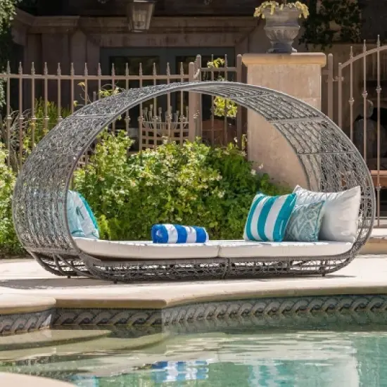 Curved Rattan Daybed with Cushions and Canopy, 2-Person Patio Lounger with Metal Frame, Outdoor Lounge Seating for Garden or Pool-The Pop Home image {8}