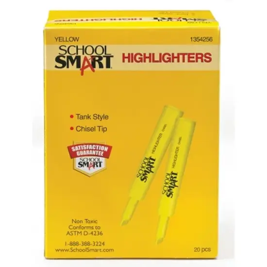 School Smart Tank Style Highlighters, Chisel Tip, Yellow, Pack of 20 image {1}
