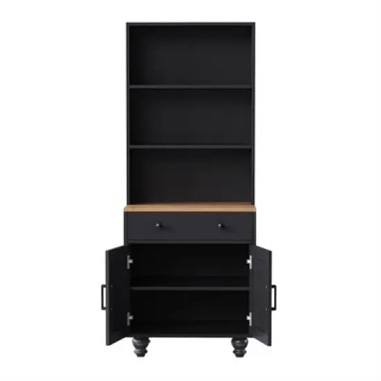 63.00"Farmhouse Storage Cabinet with 4 Solid Wood Gourd-Shaped Legs, Modern Kitchen Pantry Cabinet with Adjustable Shelves, Black image {13}