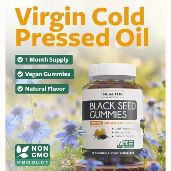 Black Seed Oil Gummies, Natural Ginger Ale Flavor, Pure Black Cumin Seed Oil for Healthy Skin, Hair & Nails, Health's Harmony, 60ct image {1}