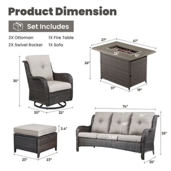 POCASSY 5-Piece Patio Furniture Set with Fire Pit Table, Brown Wicker Outdoor Fire Pit Set With Patio Sectional Sofa, Swivel Chair, Rattan Footrest image {11}