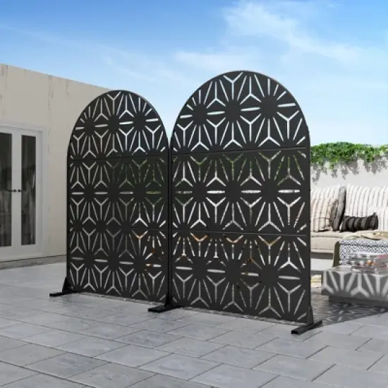 PexFix 72" H x 47" W Arched Outdoor Metal Privacy Screen Freestanding Garden Fence for Deck Patio Balcony Decor Privacy Panels Black with Star Pattern image {3}